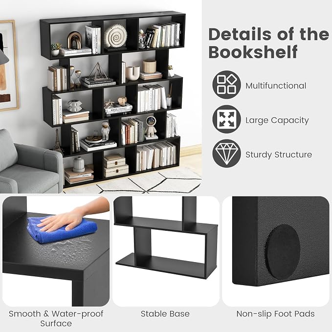 5-Tier Geometric Bookcase, 62.5” Freestanding Room Divider Bookshelf - Image 6