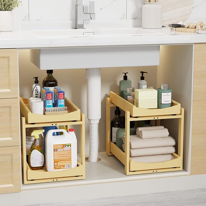 Bamboo Under Sink Organizer Adjustable Height 2 Tier Bathroom Organizer Pull by Unknown