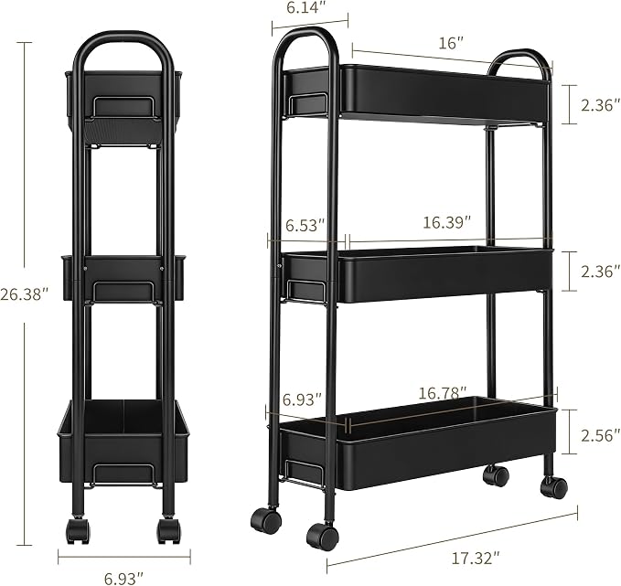 Slim Rolling Cart, Metal Frame Utility Rolling 3-Tier Narrow Storage Cart | - Image 2