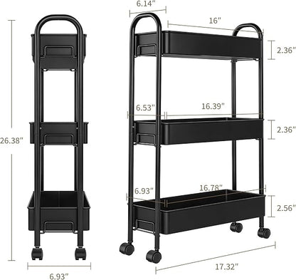 Slim Rolling Cart, Metal Frame Utility Rolling 3-Tier Narrow Storage Cart | - Image 2