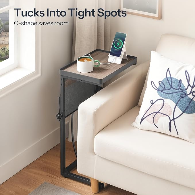 HOOBRO C-Shaped End Table with Charging Station, 29.5” Adjustable Height Side - Image 6