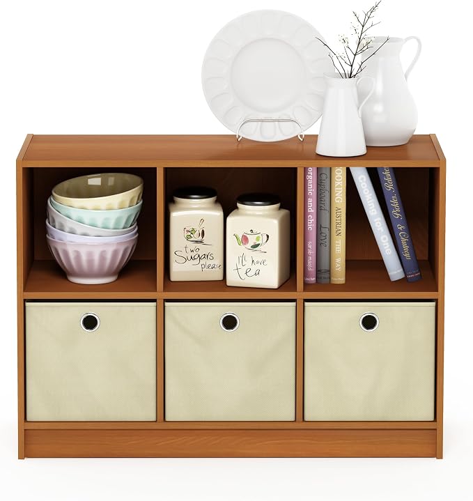 Furinno Basic 3x2 Bookcase Storage w/Bins, Light Cherry/Ivory - Image 5