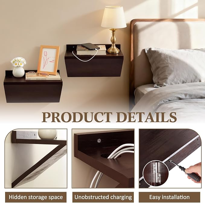 2 Pack 13 x 7 x 5.5 Inch Floating Nightstand Wooden Bedside V Shape Wall Shelf - Image 4
