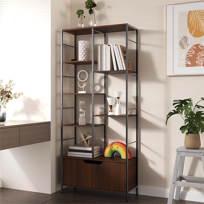 Bookshelf with Doors, 6-Tier Shelf with Storage Cabinet, Industrial Retro - Image 4