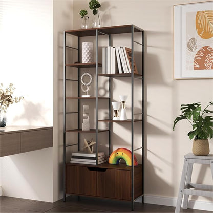 Bookshelf with Doors, 6-Tier Shelf with Storage Cabinet, Industrial Retro - Image 4