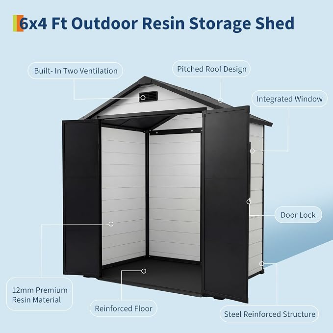 Outdoor Storage Shed with Floor, Plastic Resin Garden Shed with Window & - Image 7