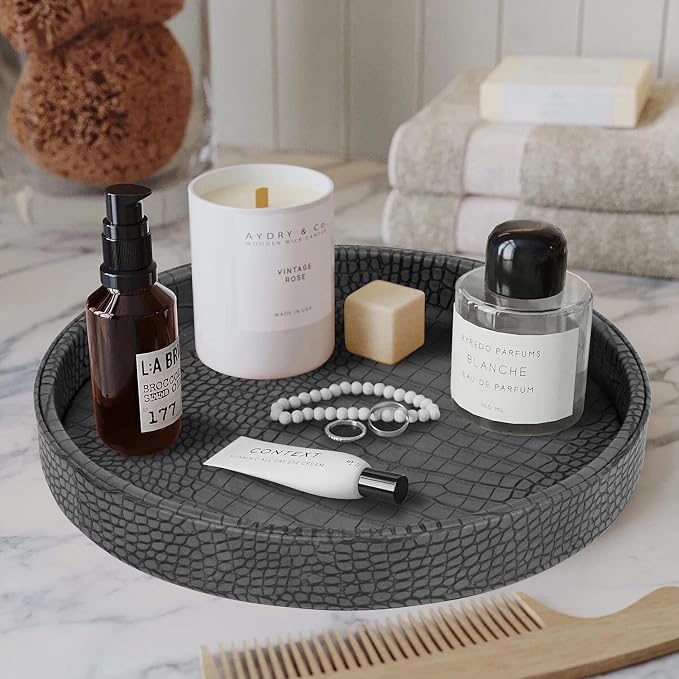 HofferRuffer Faux Leather Round Serving Tray, Vegan Croco Leather Decorative - Image 5