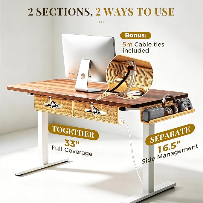Handmade Rattan Under Desk Cable Management Tray 2 Pack, Natural | Easy Install - Image 7