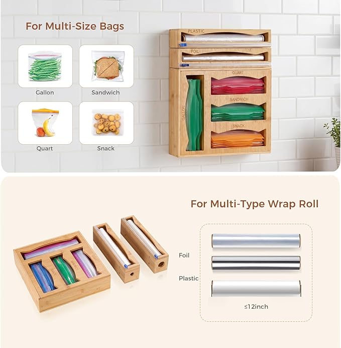 6 in 1 Storage Bag Organizer Kitchen Drawer, Bamboo Foil and Plastic Wrap - Image 6