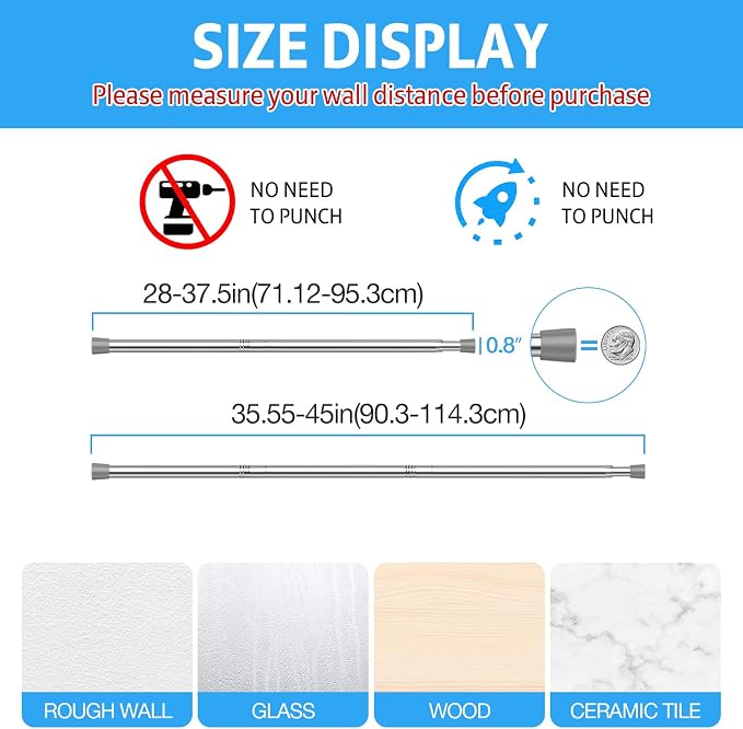 2 Pack Spring Tension Rod, Adjustable 28-45 Inch No Drill, Fits Windows Kitchen - Image 6
