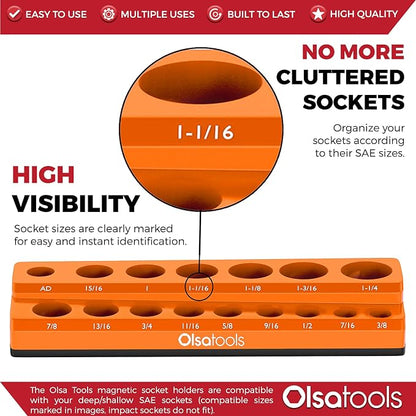 Olsa Tools Magnetic Socket Organizer | 1/2-inch Drive | SAE | Orange | Holds 16 - Image 2