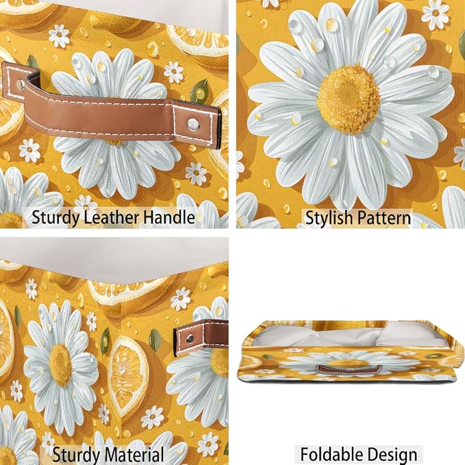 TropicalLife 13x13x13 Inch Large Fabric Storage Cube Lemon Daisy Foldable - Image 5