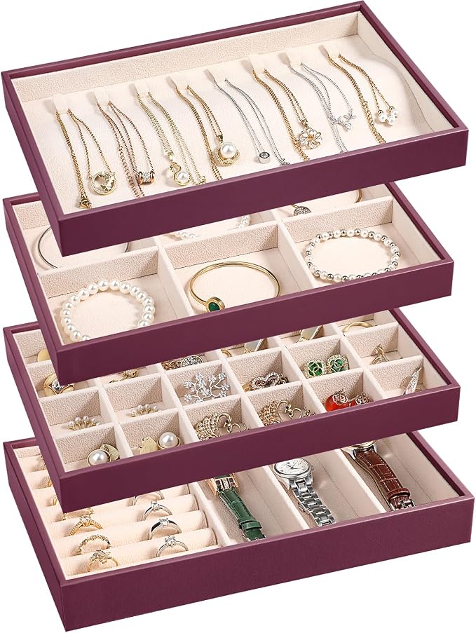 LANDICI Stackable Jewelry Organizer Trays 4 Set, PU Leather Jewelry Organizer by LANDICI
