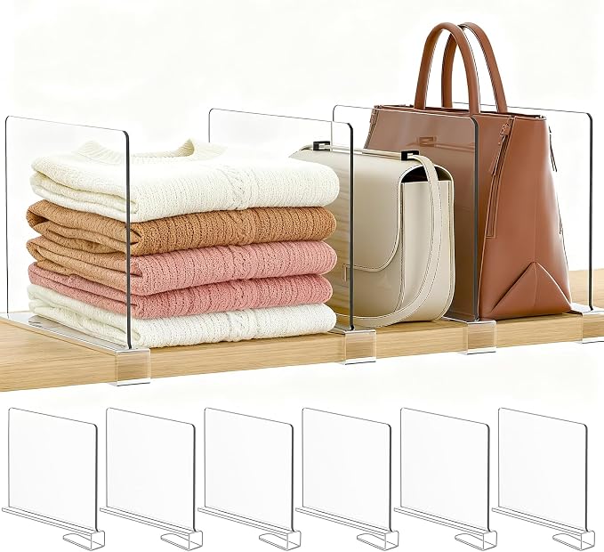 Purse Organizer for Closet Shelf Dividers: 6-Pack Adjustable Clear Acrylic Bag by Saccik
