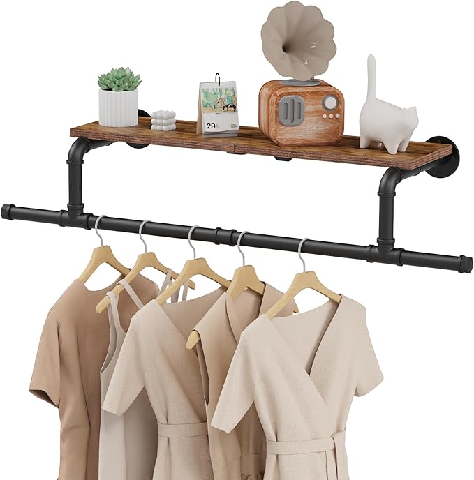 Wall Mounted Garment Rack with Top Shelf, Space Saver Industrial Pipe Clothes by YheenLf