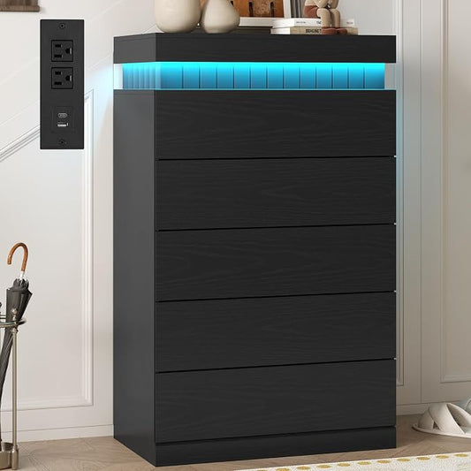 Tall Black 5 Dresser for Bedroom, Sliding Top Storage Space, Modern Wood Drawers by UPOSOJAWishesYouaNiceDay