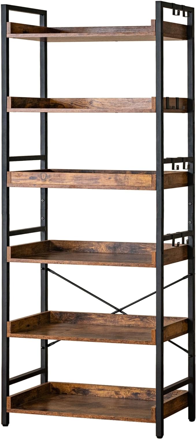 HCHQHS Adjustable 6 Tier Open Bookcase, Rustic Farmhouse Book Shelves, by HCHQHS