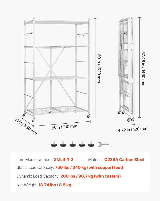 VEVOR 4-Tier Foldable Storage Shelf, 36W x 21D x 60 H Inch Folding Metal Rack - Image 3