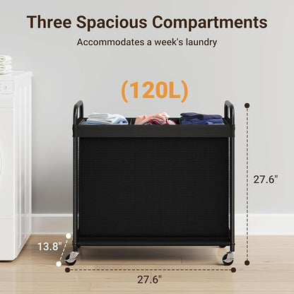 ELYKEN Laundry Hamper 3 Section, 120L Rolling Laundry Sorter - Image 3