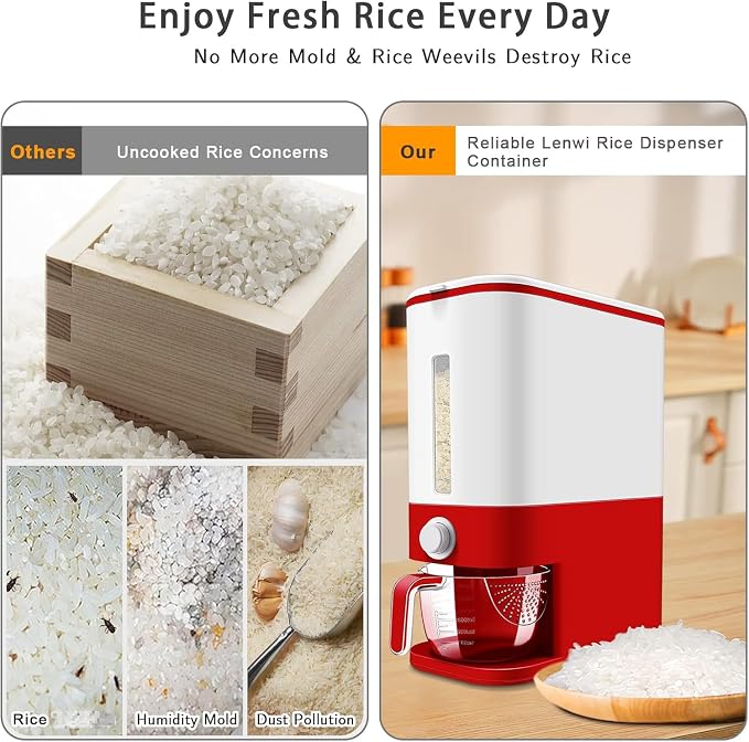 Lenwi 22-25 Lbs Rice Dispenser, Large Cereal Dry Food Storage Containers - Image 3