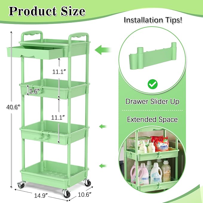 SUNALLY 4 Tier Rolling Utility Cart - Image 2