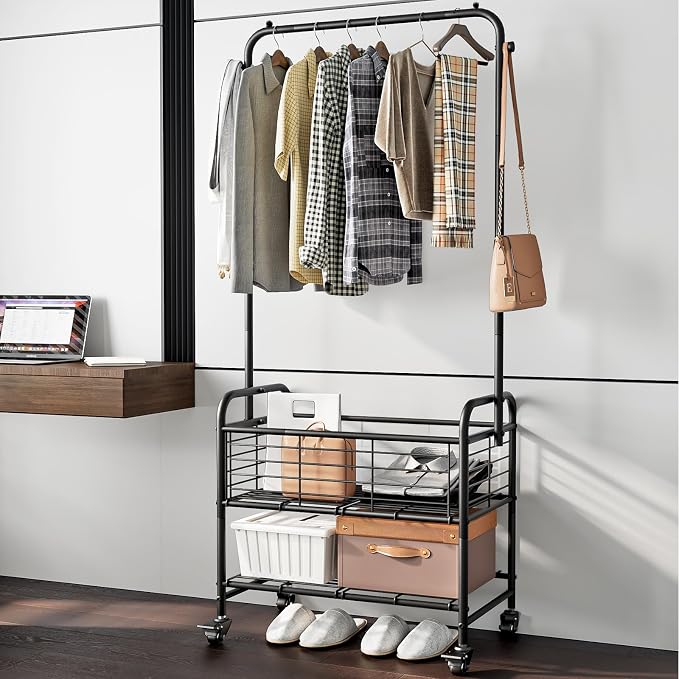 SUOERNUO Laundry Cart with Hanging Rack Rolling Laundry Hamper Sorter with - Image 4