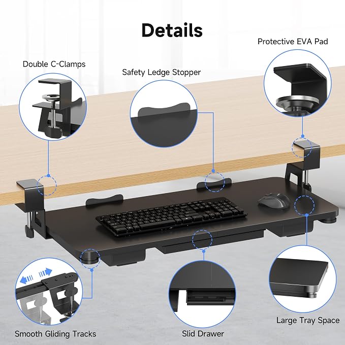 Keyboard Tray Under Desk with Storage Drawer Large C-Clamp 26.7” x 11.8” - Image 4