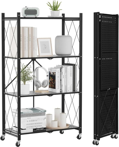 ALANNG 4 Tier Folding Storage Shelf on Wheels, Heavy Duty Metal Rolling Cart | by ALANNG