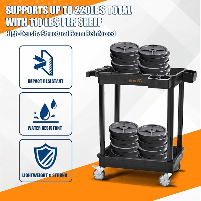 ELAFROS Heavy Duty 2-Shelf Utility Cart, 28x19 Inch, 330 lbs Capacity, - Image 6