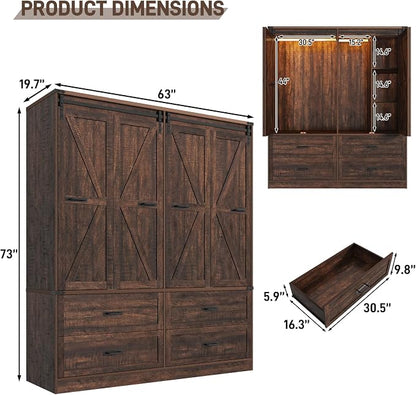 Farmhouse 4 Doors Armoire Wardrobe Closet w/Folding Sliding Barn Door and Lights - Image 2
