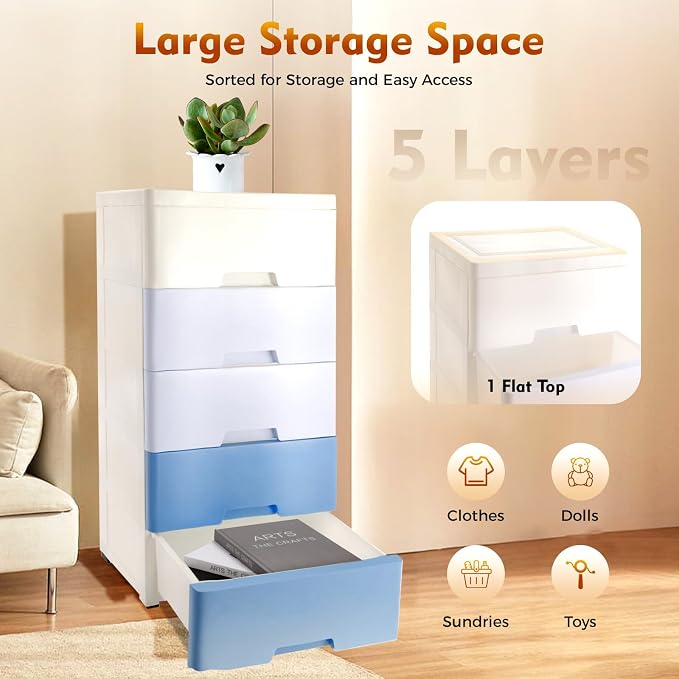Plastic Drawers Dresser Storage Cabinet 5 Drawer Stackable Vertical Clothes - Image 2