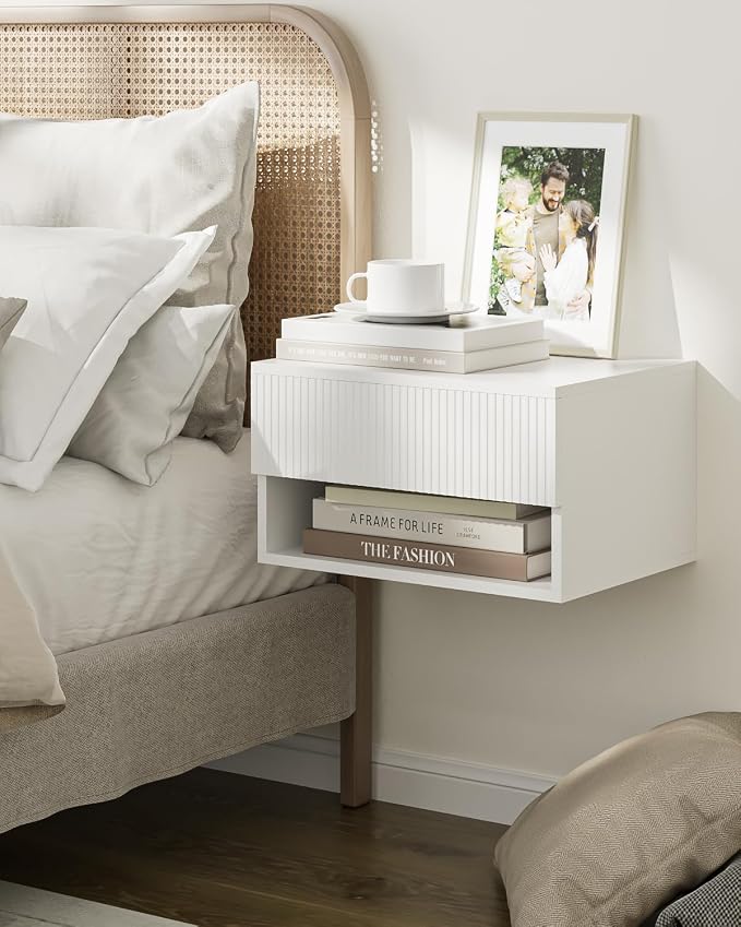 Modern Small Nightstand with Drawer, Floating Shelves - Image 3