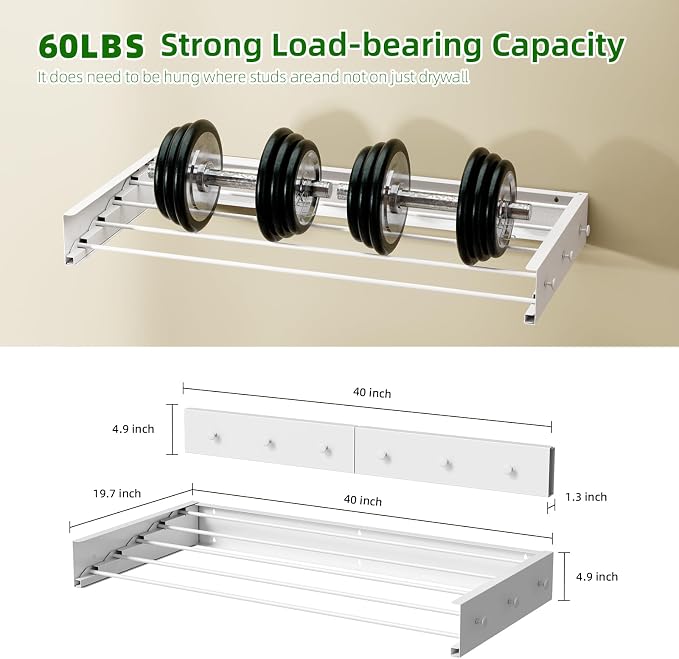 Wall Mounted Drying Rack for Laundry 40'', Folding Drying Rack Clothing Wall - Image 6