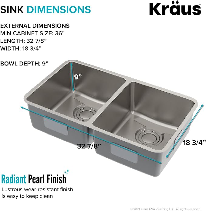 KRAUS Dex 33-Inch Undermount 50/50 Double Bowl TRU16 Gauge Stainless Steel - Image 5