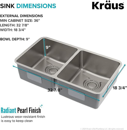 KRAUS Dex 33-Inch Undermount 50/50 Double Bowl TRU16 Gauge Stainless Steel - Image 5