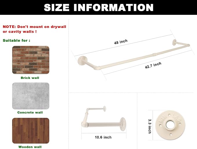 48" White Wall Mounted Clothes Rack, Industrial Pipe Iron Garment Bar, - Image 3