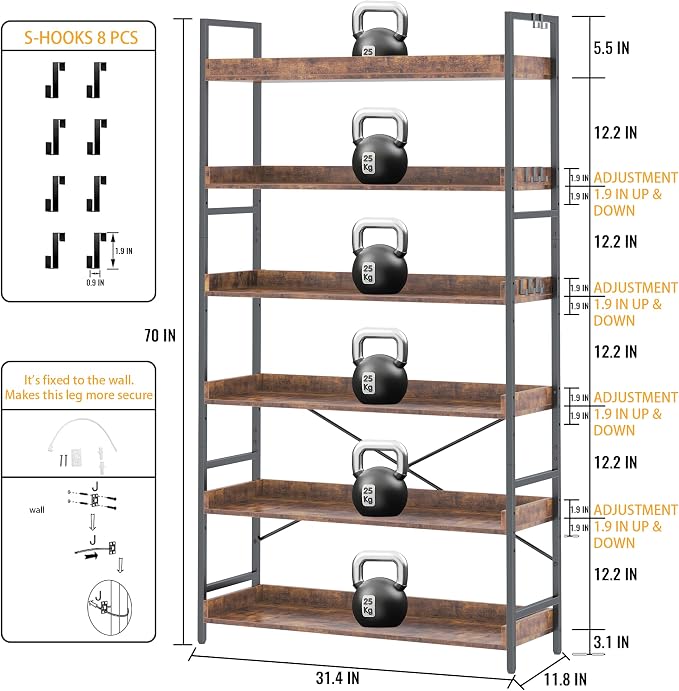 HCHQHS Bookshelf, Adjustable Industrial Bookcase, Vertical Tall Book Shelf - Image 4