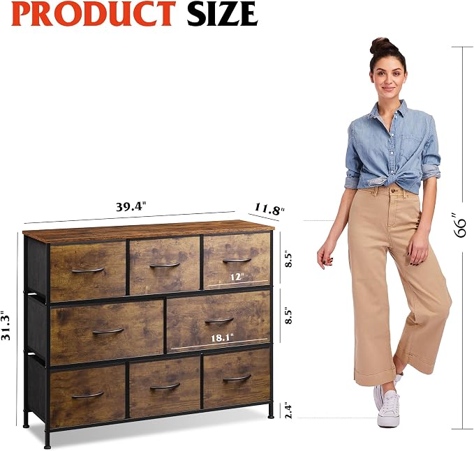 WLIVE 8 Drawer Dresser for Bedroom, Wide Chest of Drawers, Rustic Brown | 8 - Image 3