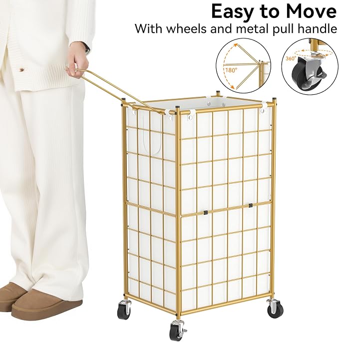 WOWLIVE Laundry Hamper with Wheels, Metal Wire Frame Rolling Laundry Basket - Image 5