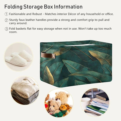 Dark Green and Gold Leaf Pattern Storage Bins Box Foldable Shelf Basket - Image 5