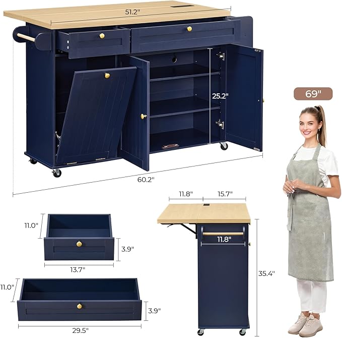 60.2" Kitchen Islands with Storage, Rolling Island Table with Trash Can Storage - Image 2