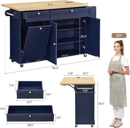 60.2" Kitchen Islands with Storage, Rolling Island Table with Trash Can Storage - Image 2