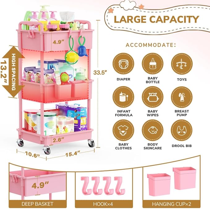 Goovilla Diaper Cart with Lockable Wheels and Easy Assembly, 3 Tier Pink - Image 4