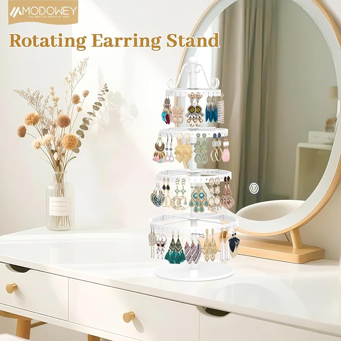 MODOWEY Rotating Earring Holder Organizer Stand, 4 Tier Adjustable Metal - Image 2