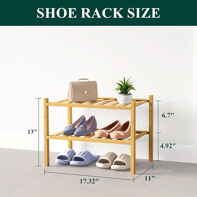 Smiry Bamboo Shoe Rack for Closet, 2 Tier Small Wooden Stackable Shoe Organizer - Image 2