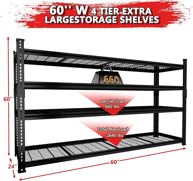 Storage Shelves 2PCS, Garage Shelving Heavy Duty 2640LBS Capacity, 4 Tier - Image 3