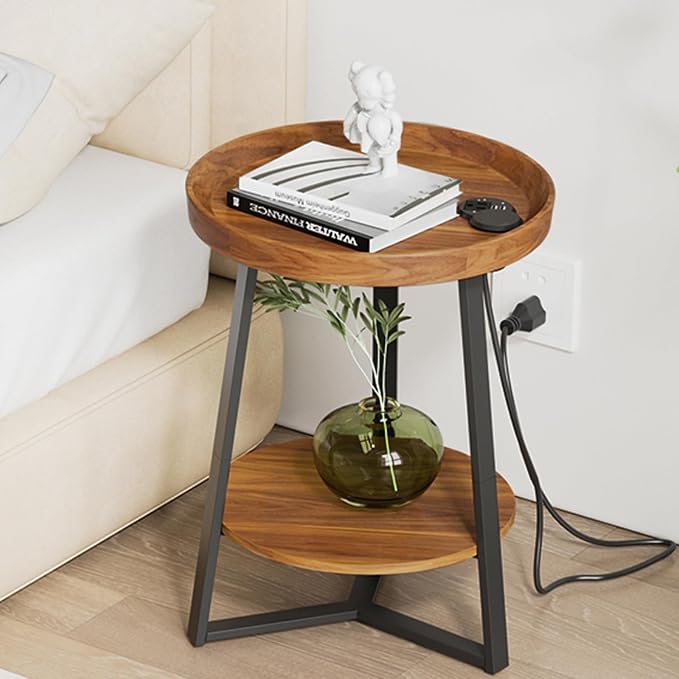Gadroad Round End Table with Charging Station, USB Ports, Wood Tabletop & Black - Image 8