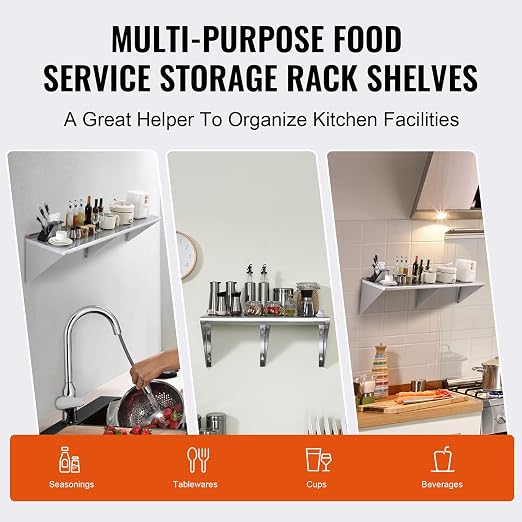 VEVOR 18" x 72" Stainless Steel Shelf, Wall Mounted Floating Shelving - Image 8