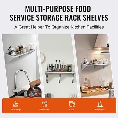 VEVOR 18" x 72" Stainless Steel Shelf, Wall Mounted Floating Shelving - Image 8