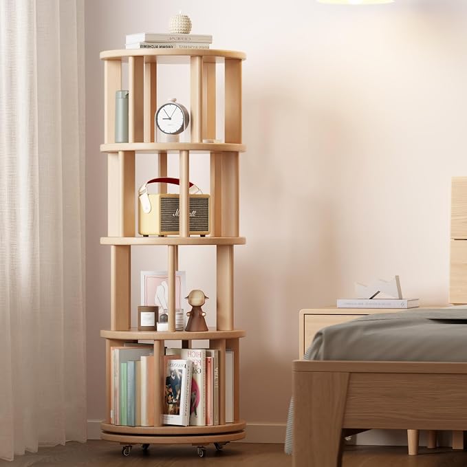 Solid Wood Rotating Bookshelf on Wheels, 4 Tier, Round Revolving Bookcase - Image 8